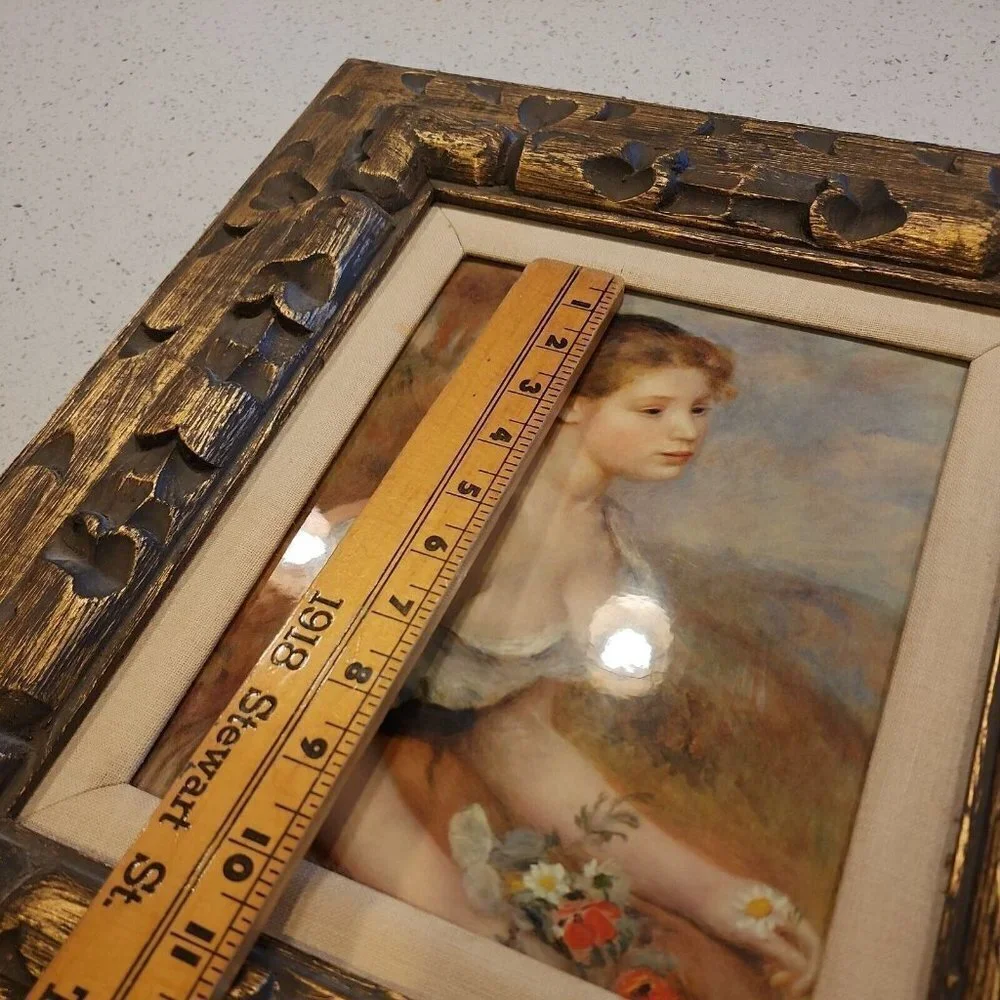 Gold wooden Framed Picture Of Young Girl With Flowers matted 18x16